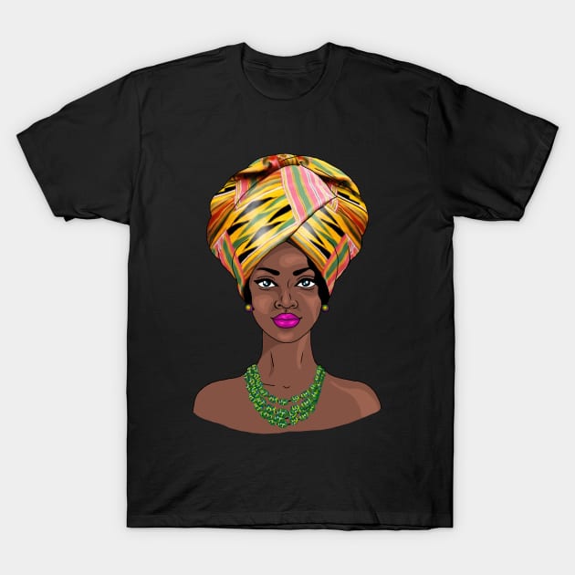 African Melanin Woman in Kente Headgear T-Shirt by Merchweaver